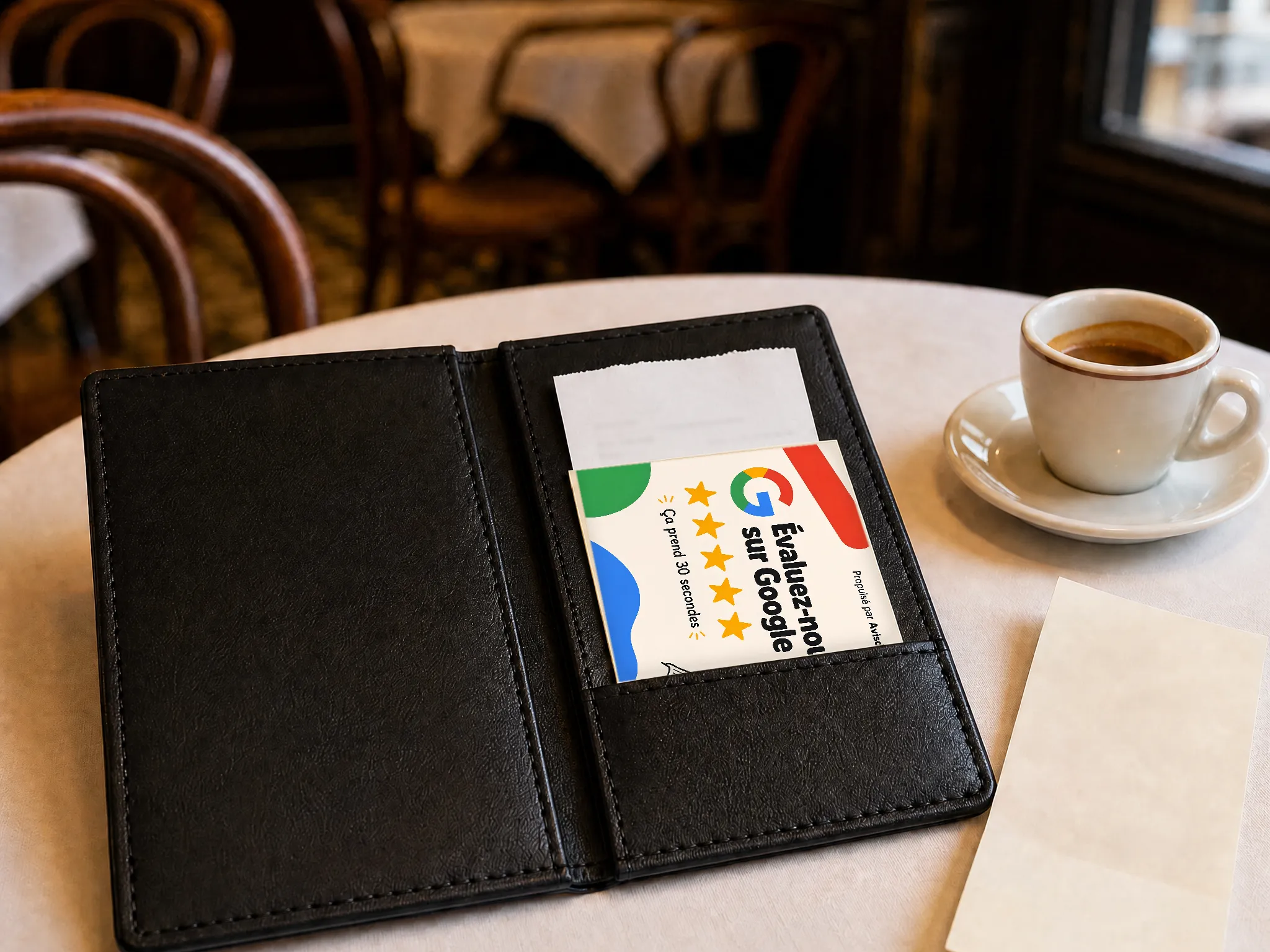 Une carte Avisdirect glissée dans le porte-addition en cuir d'une table de bistrot