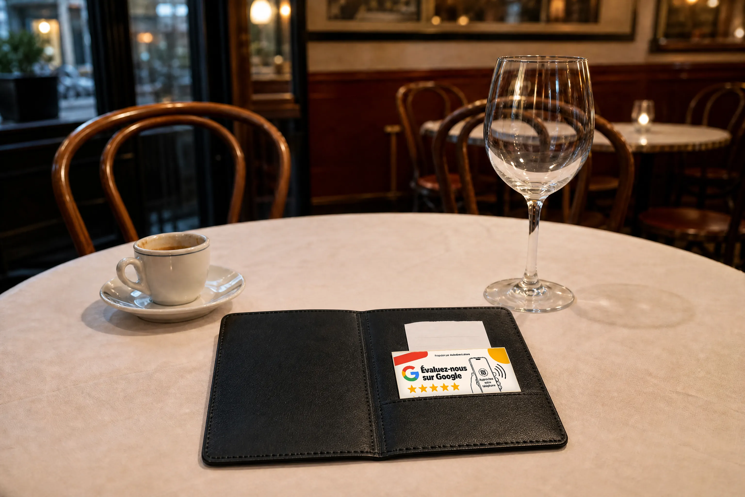 Une carte Avisdirect glissée dans le porte-addition avec le ticket, sur une table de restaurant, entre la tasse de café et le verre de vin