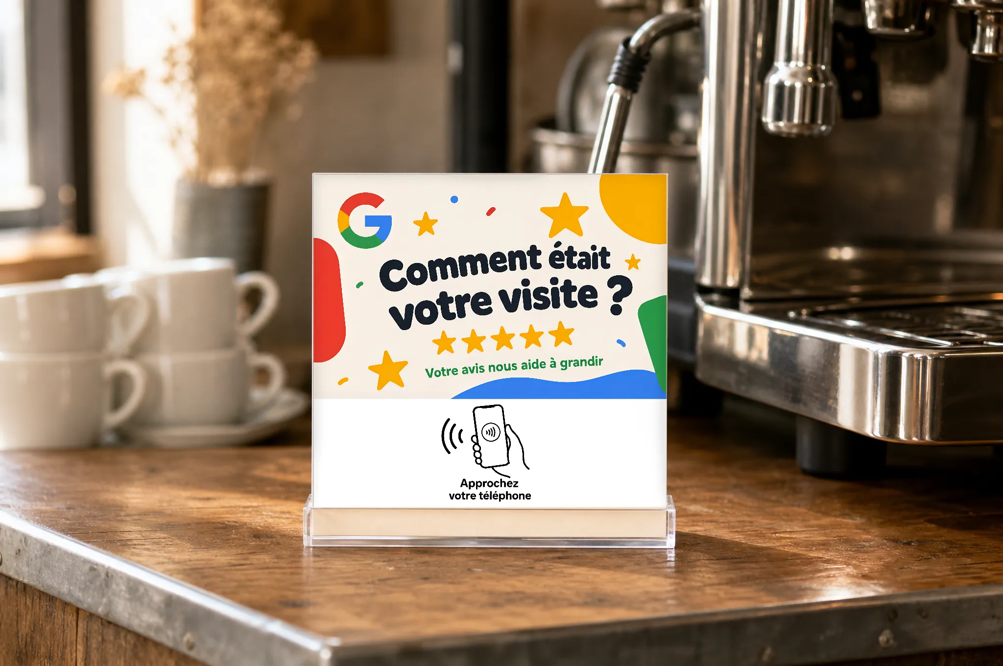 La plaque comptoir Avisdirect dressée sur le comptoir d'un café, entre les tasses empilées et la machine à expresso